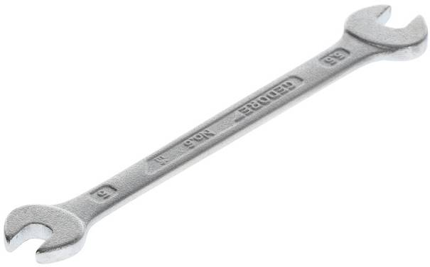 Doppelseitiger Schraubenschlüssel aus Metall, Größe 8 und 10, mit leicht abgewinkelten Enden. Verwendet zum Lösen von Muttern.
