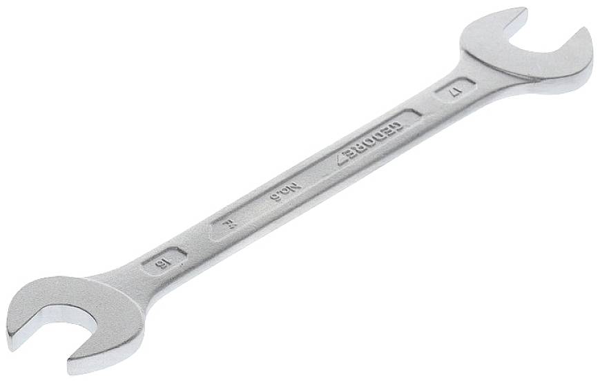 Doppelmaulschlüssel aus Metall mit zwei unterschiedlichen Maulgrößen an jedem Ende, verwendet zum Lösen und Festziehen von Muttern und Schrauben.