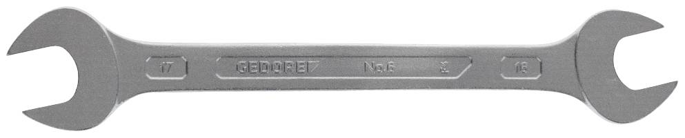 Ein silberfarbener Doppelmaulschlüssel mit den Größen 17 mm und 18 mm an den jeweiligen Enden.