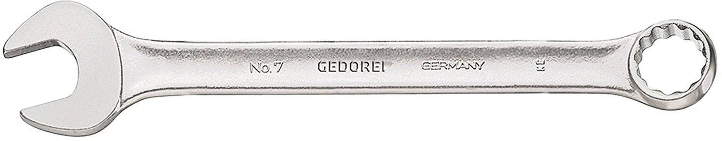 Ein Schraubenschlüssel aus Metall, mit einer offenen und einer Ringschlüsselseite. Aufschrift: 'GEDORE Germany', Größe 7.