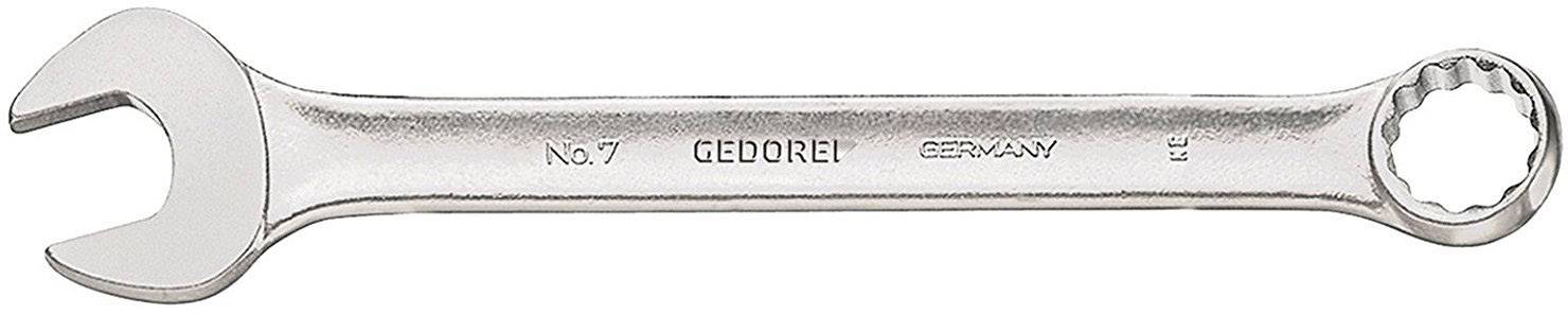 Ein silberner Schraubenschlüssel mit offener und ringförmiger Seite, 'GEDOREN, No. 7, GERMANY' ist auf dem Griff eingraviert.