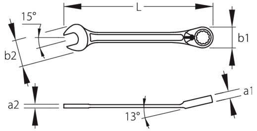 Diagramm eines verstellbaren Schraubenschlüssels mit Maßangaben. Draufsicht zeigt 15°- und 13°-Winkel, mit beschrifteten Längen L, b1, b2, a1, a2.