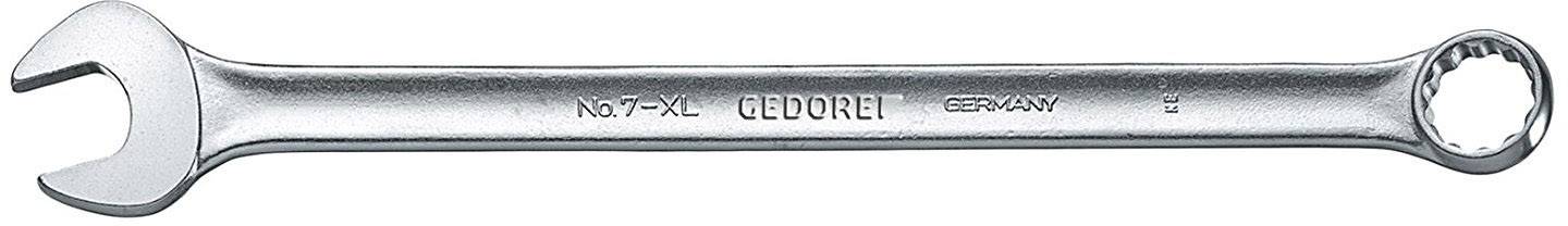 Schraubenschlüssel aus Metall mit offener und geschlossener Seite, geeignet für verschiedene Schraubgrößen.