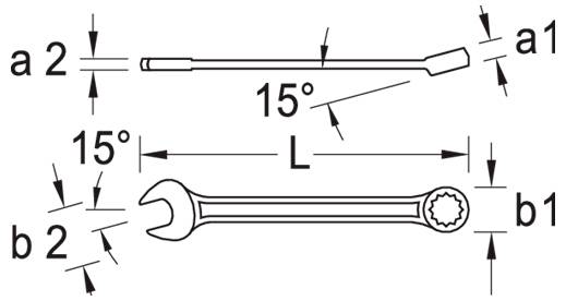 Diagramm eines Schraubenschlüssels und Schraubenziehers mit Maßangaben: Winkel 15°, Abmessungen a1, a2, b1, b2 und Länge L sind durch Pfeile gekennzeichnet.