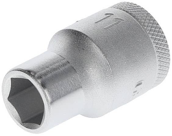 Eine silberne Stecknuss, Größe 11 mm, mit einem sechskantigen Ende für Schraubarbeiten.