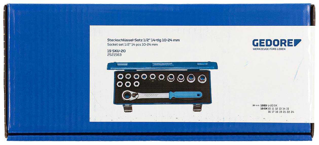 Verpackung eines Steckschlüsselsatzes der Marke 'GEDORE', inklusive Stecknüsse und Ratsche im blau-schwarzen Etui.