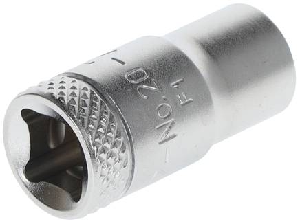 Metallfarbene Torx-Stecknuss mit geriffelten Kanten, gekennzeichnet mit 'No. 20 F1', zur Verwendung mit Ratschenwerkzeugen.