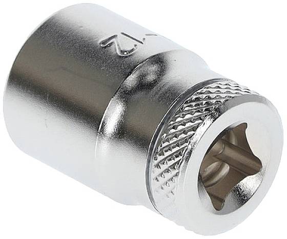 Eine metallische Steckschlüssel-Nuss, sechskantig, wahrscheinlich für den Einsatz mit einem Steckschlüsselsatz.
