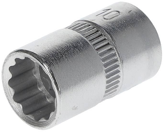 Steckschlüssel mit 12-kantigem Antrieb, Größe 10 mm, aus Metall. Verwendet zum Lösen oder Befestigen von Schrauben und Muttern.