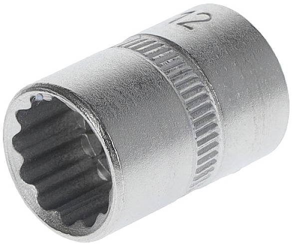 Metallische Stecknuss mit geriffeltem Griff, nummeriert mit '12'. Geeignet für Schraubenschlüssel und Ratschen zum Lösen von Muttern.