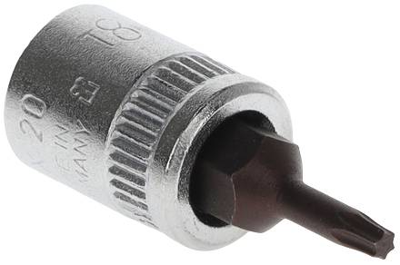 Bitschraubeinsatz mit T20 Torxkopf, metallisch glänzend, geeignet für Ratschen oder Schraubendreher.