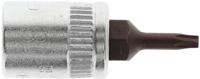 Torx-Bit mit metallischer Hülse, seitliche Nahaufnahme. T-förmiger Kopf und gerändelter Griff für besseren Halt.