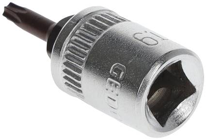 Metallischer Steckschlüssel-Aufsatz mit Torx-Profil, Größendetails auf der Seite. Geeignet für mechanische Anwendungen.