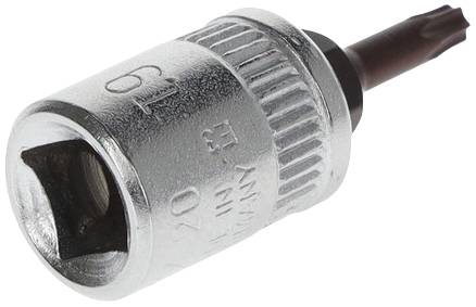 Stecknuss mit Torx-Bit, metallisch, silbern und braun, von oben fotografiert. Verwendet für Schraubarbeiten in Werkstätten.