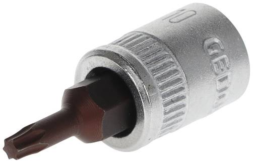 Torx-Bit-Aufsatz mit silbernem Metallschaft und braunem Kopf, in der Nahaufnahme.