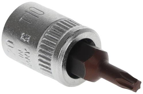 Ein Torx-Schraubendreheraufsatz aus Metall, Größe T10, mit geriffeltem Griff zur besseren Handhabung.
