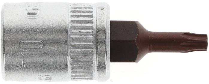 Ein silberner Torx-Bit mit brauner Spitze, verwendet für Schraubverbindungen, liegt auf einer weißen Fläche.