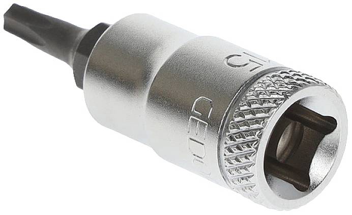 Ein silberner Torx-Bit für Schrauben, mit gerändeltem Griff zur besseren Handhabung.