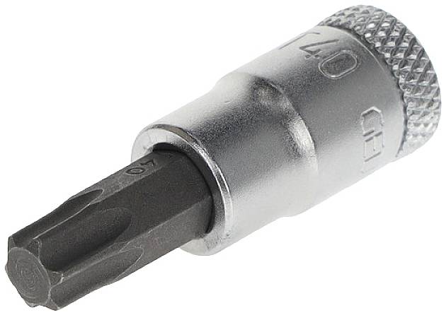 Ein silberner Torx-Bit, Größe T40, mit einem geriffelten Griff.
