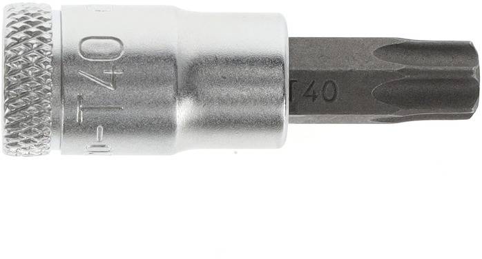 T40 Torx-Bit aus schwarzem Stahl mit silbernem Kopf, seitlich betrachtet.