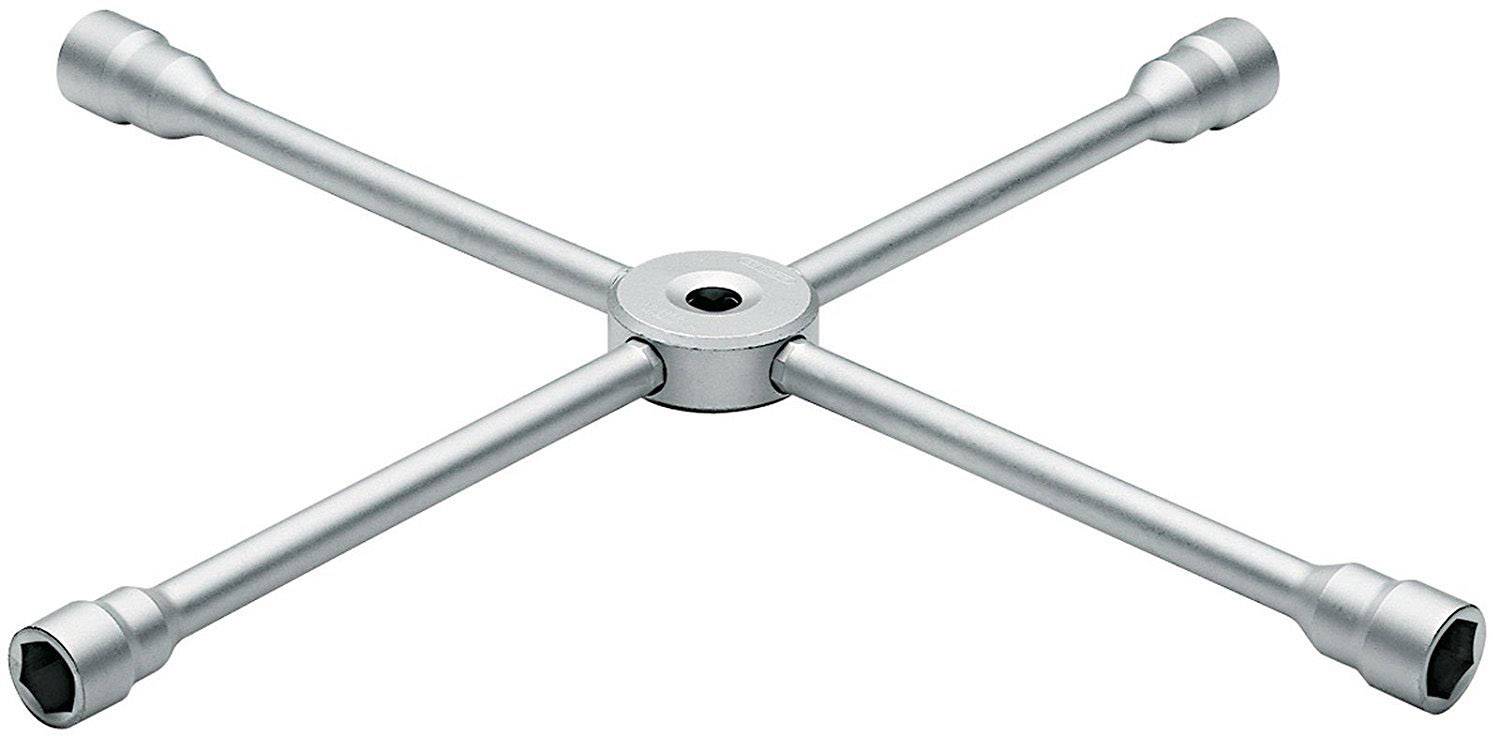 Ein silberner Kreuzschlüssel mit vier Armen, jeweils mit Stecknuss an den Enden, verwendet zum Lösen oder Anziehen von Muttern und Schrauben.