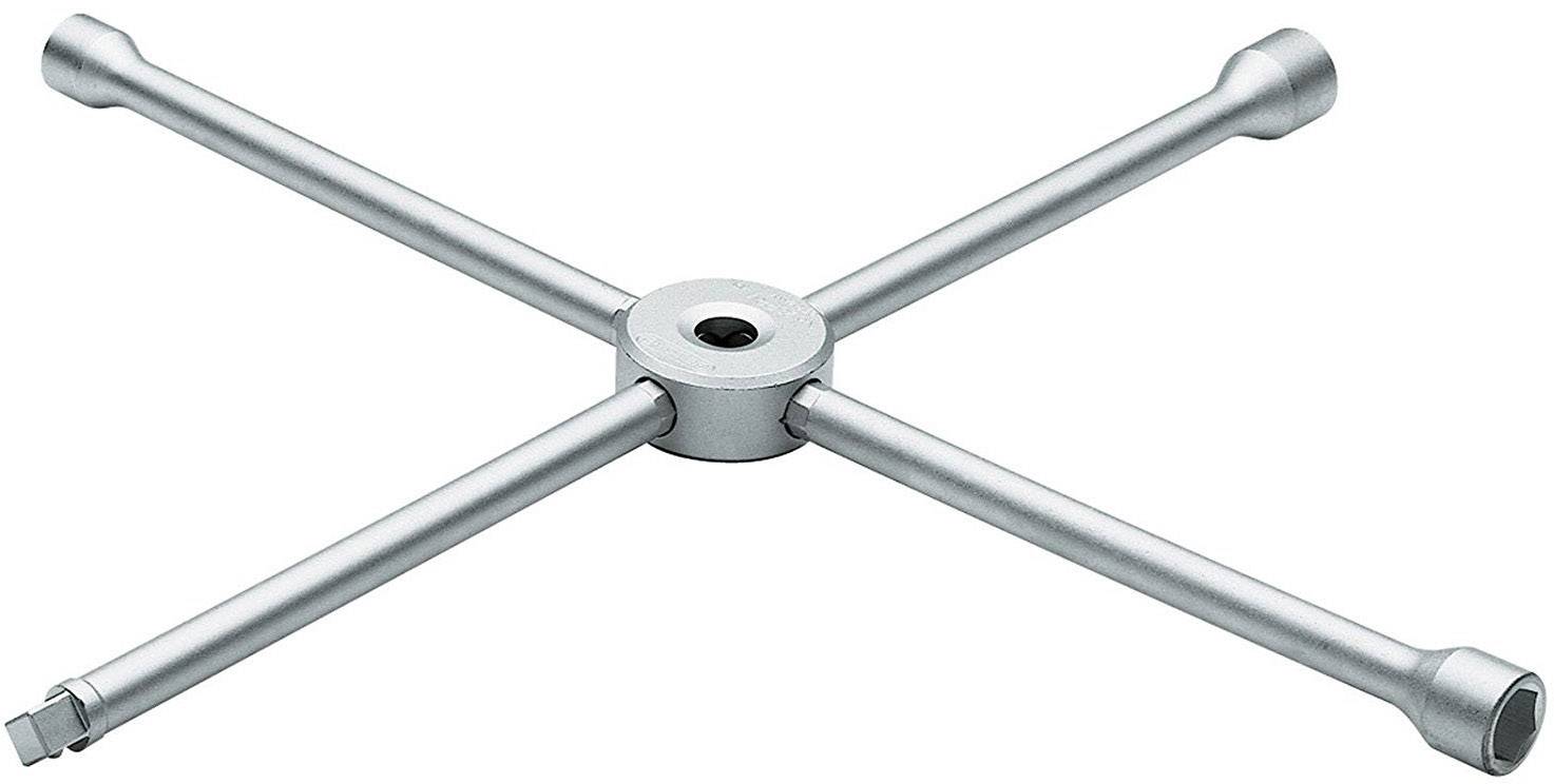 Ein silbernes Kreuzschlüssel-Werkzeug mit vier Armen, jeweils mit verschiedenen Stecknussen. Wird oft für Reifenwechsel verwendet.