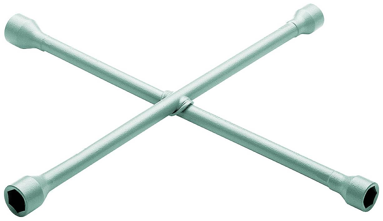 Ein Kreuzschlüssel in X-Form aus Metall, üblicherweise verwendet zum Lösen und Festziehen von Radmuttern an Fahrzeugen.