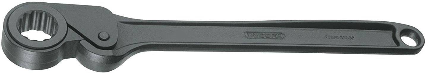 Schwarzer Rohrschlüssel aus Metall mit gewelltem Greifkopf und langem Griff, geeignet zum Festziehen oder Lösen von Rohren und Ventilmuttern.