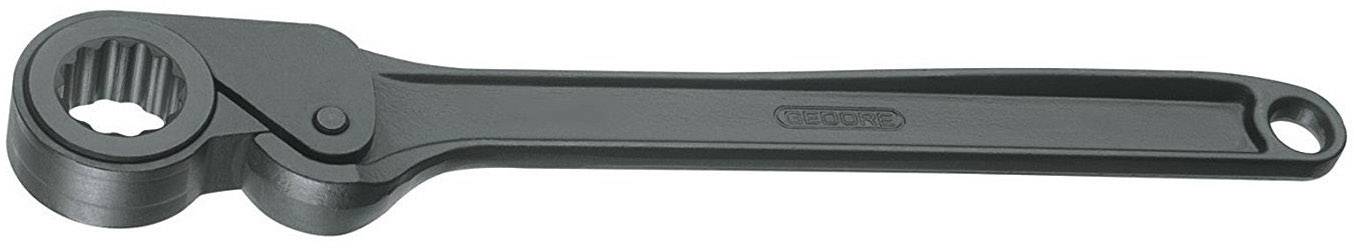 Ein schwarzer Radschlüssel aus Metall, mit einem verzahnten Kopf für das Lösen oder Anziehen von Muttern.