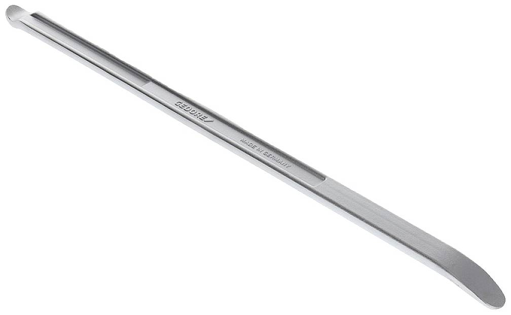 Ein silberner Reifenmontierhebel aus Metall mit glattem, gebogenem Ende. Ideal zum Abnehmen oder Montieren von Reifen.