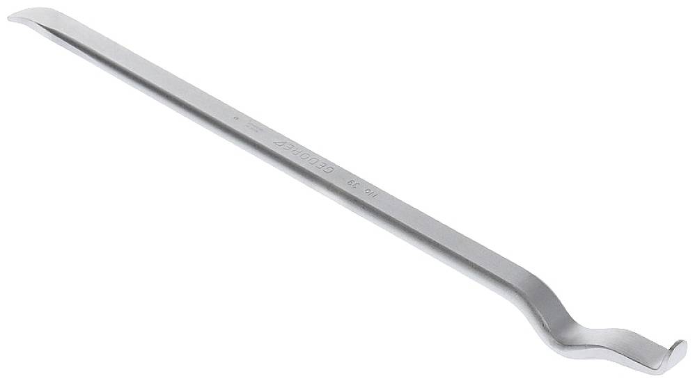 Ein silberner Montierhebel aus Metall, hauptsächlich verwendet zum Entfernen und Anbringen von Reifen auf Fahrrädern oder Fahrzeugen.