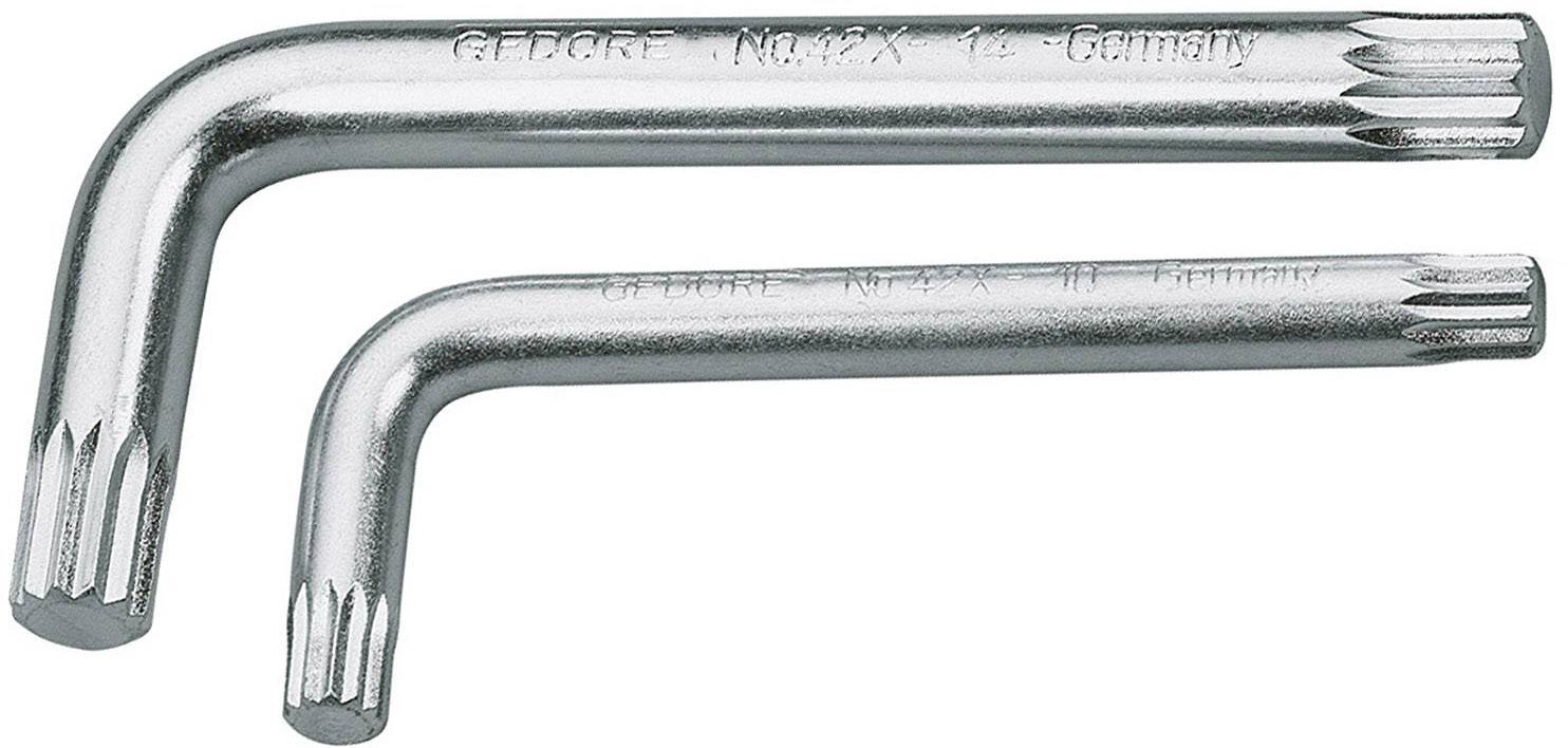 Zwei silberne Winkelschraubenschlüssel, einer größer, einer kleiner, mit Torx-Profil. Geprägt mit Text 'GEDORE' und 'Germany'.