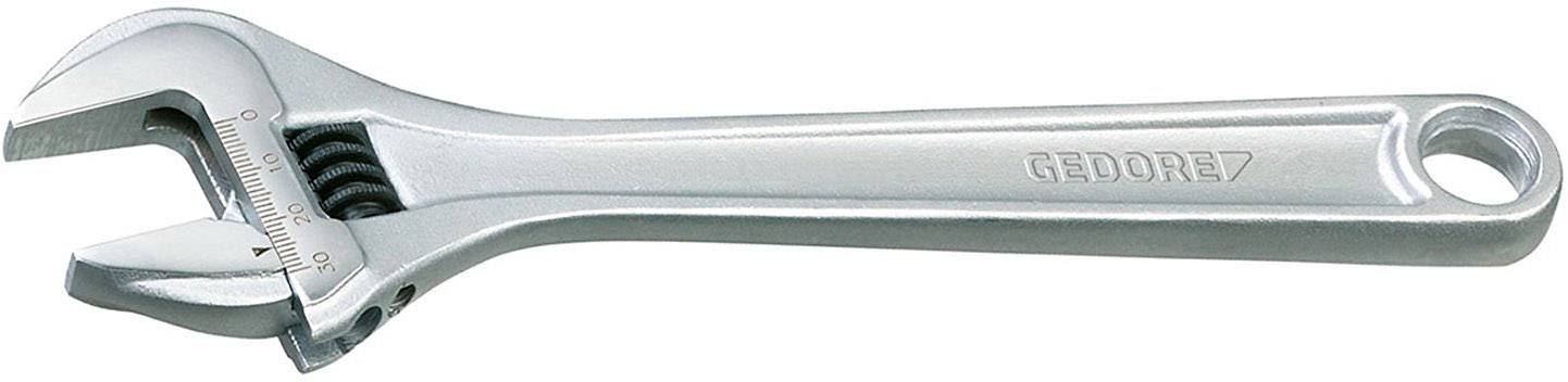 Verstellbarer Schraubenschlüssel aus Metall, silberfarben, mit Loch am Griffende zur Aufbewahrung. Markierung: 'GEDORE'.