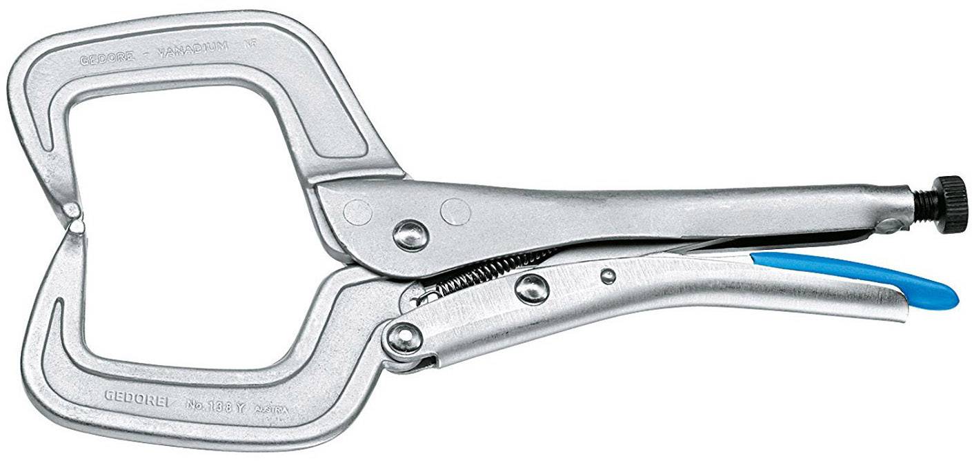 Metallische C-Klemmzange mit verstellbarer Spannweite, geeignet zum Fixieren von Werkstücken während der Bearbeitung.