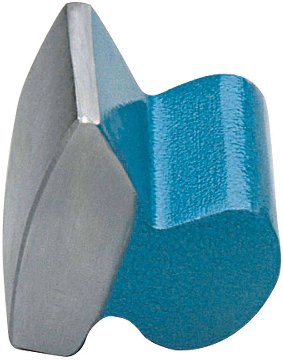 Ein aus Metall und Kunststoff bestehendes Bauteil mit einer spezifischen Form und einer blauen Oberfläche, möglicherweise ein Werkzeugaufsatz.