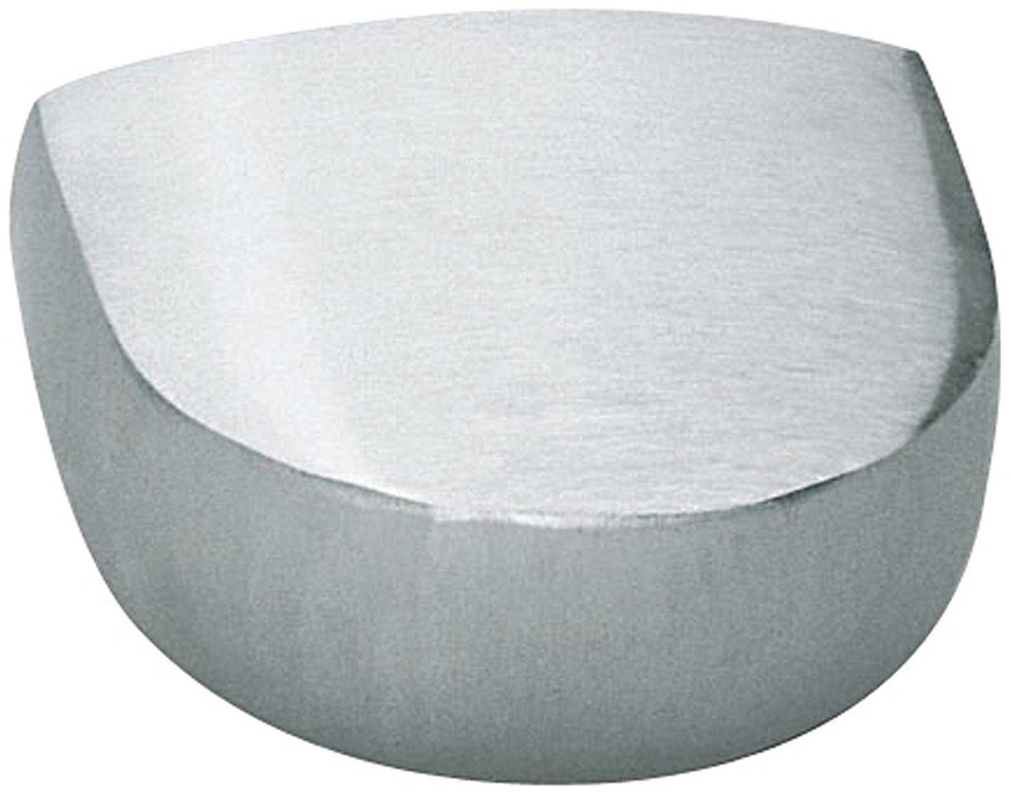 Ein Metallgegenstand mit abgerundeter Oberseite und flacher Unterseite, möglicherweise ein mechanisches Teil oder eine Halterung.