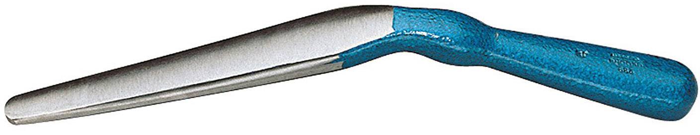 Ein langer, blauer Griff mit einem metallischen, keilförmigen Element. Werkzeug zum Schärfen oder Glätten von Klingen.