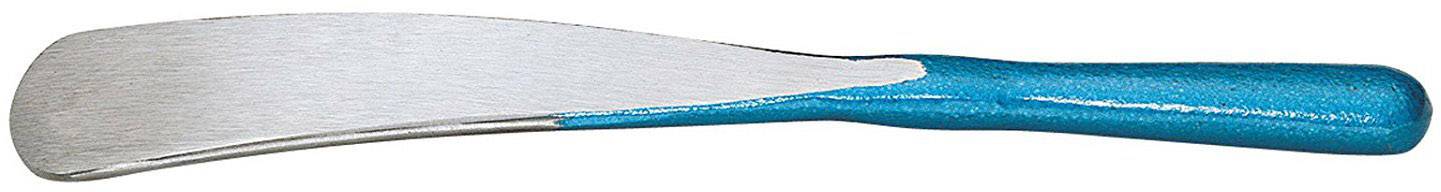 Ein Schuhlöffel mit blauem Griff und silberner Löffeloberfläche, verwendet zum Erleichtern des Anziehens von Schuhen.