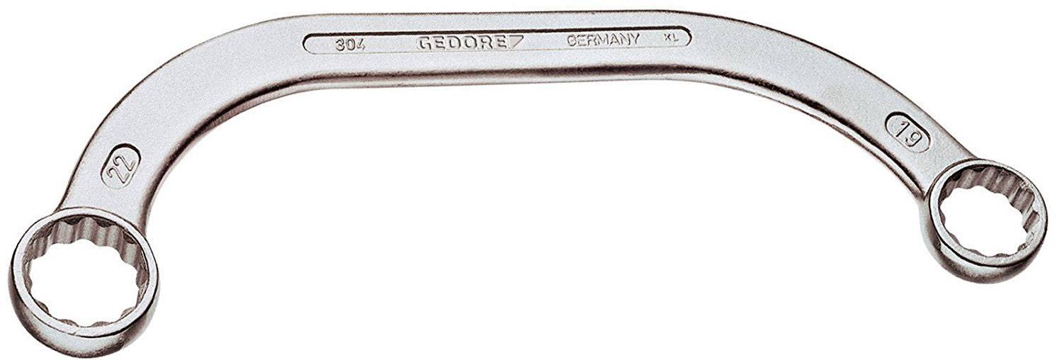 Ein gebogener Doppelringschlüssel mit Maulweiten von 19 und 22 mm. Aufschrift: 'GEDORE GERMANY'. Werkzeug für Schraubarbeiten.
