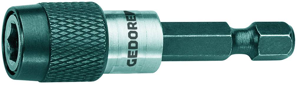 Bit-Adapter mit rutschfestem Griff und Sechskant-Aufnahme, geeignet für verschiedene Bitgrößen. Metallisch glänzend mit Markenschriftzug.