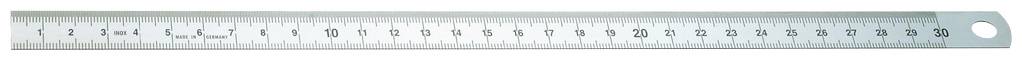 Ein 30 Zentimeter langer Metalllineal mit Millimeter- und Zentimeterskala, Startpunkt auf der linken Seite.