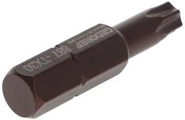 Ein Torx-Schraubendreher-Bit aus Metall in Nahaufnahme, sechskantiger Schaft, geprägt mit 