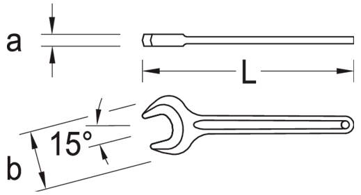Diagramm, das einen Schraubenschlüssel mit Abmessungen zeigt: Breite (a), Länge (L). Schraubenschlüsselkopf in einem Winkel von 15° mit der Beschriftung Dimension (b).