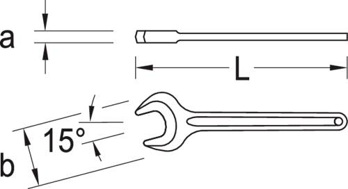 Diagramm, das einen offenen Schraubenschlüssel mit einem um 15 Grad geneigten Kopf zeigt. Abmessungen mit den Bezeichnungen „a