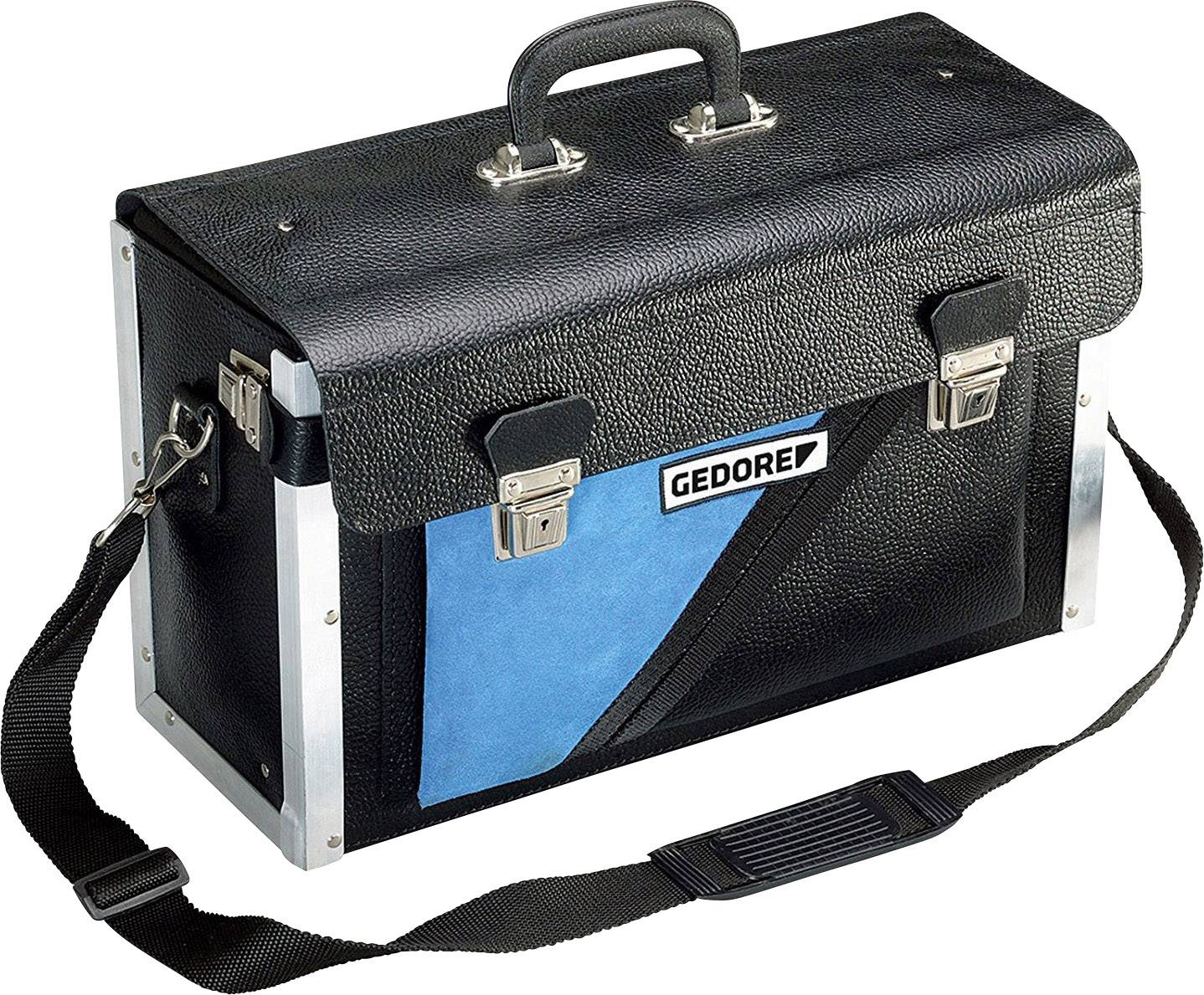 Eine schwarze Werkzeugtasche mit Tragegurt und blauen Akzenten, mit 'GEDORE'-Logo auf der Vorderseite.