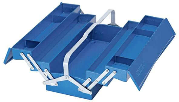 Eine blaue Metall-Werkzeugkiste mit mehreren Fächern und einem zentralen Griff, die zum effizienten Organisieren und Transportieren von Werkzeugen konzipiert ist.
