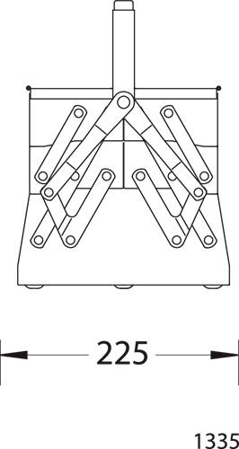 Ein technisches Diagramm zeigt ein mechanisches Verbindungssystem mit Maßangaben. Die Breite ist mit 225 gekennzeichnet und die Höhe beträgt 1335.