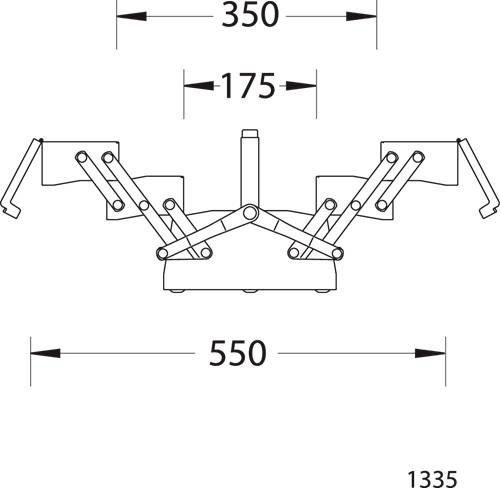 Schematische Darstellung eines mechanischen Arms mit Messungen: 175, 350 und 550 Einheiten dargestellt. Das Diagramm hebt die Abmessungen des Arms und das Komponentenlayout hervor.