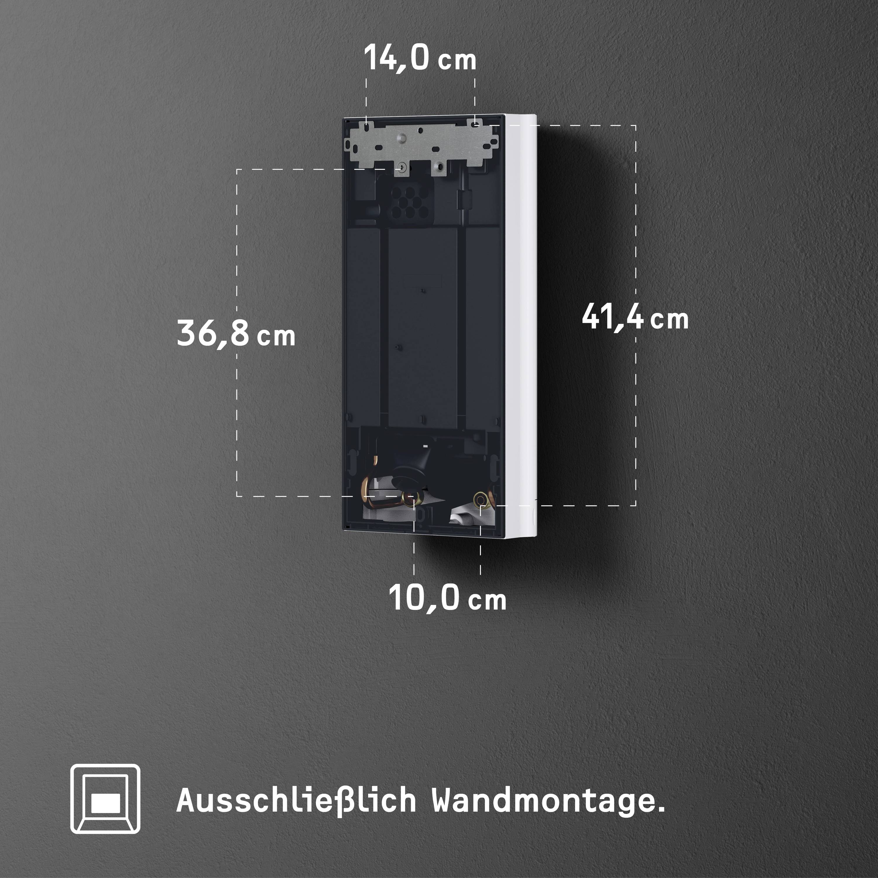 Maße der Wandhalterung: 14,0 cm breit, 41,4 cm hoch, 36,8 cm tief, 10,0 cm Bodenabstand. Hinweis: Nur Wandmontage möglich.