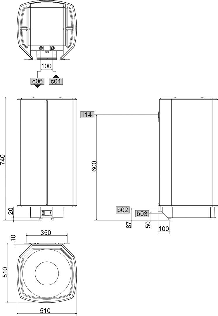 Technische Zeichnung eines rechteckigen Containers mit Maßen: Höhe 740 mm, Breite 510 mm, Tiefe 350 mm. Seitliche und frontale Ansichten zeigen Position und Größe der Anschlüsse.
